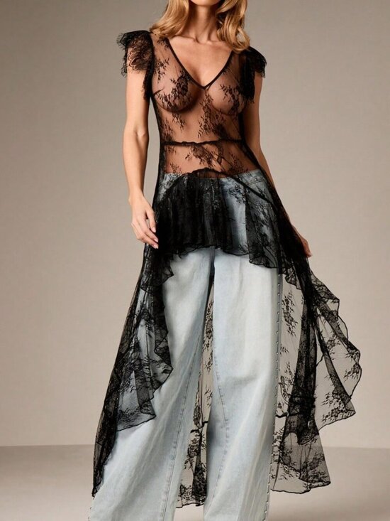 Dresses & Skirts - Black Lace Mesh Oversized Women's Evening Midi Dress with Ruffle Hem